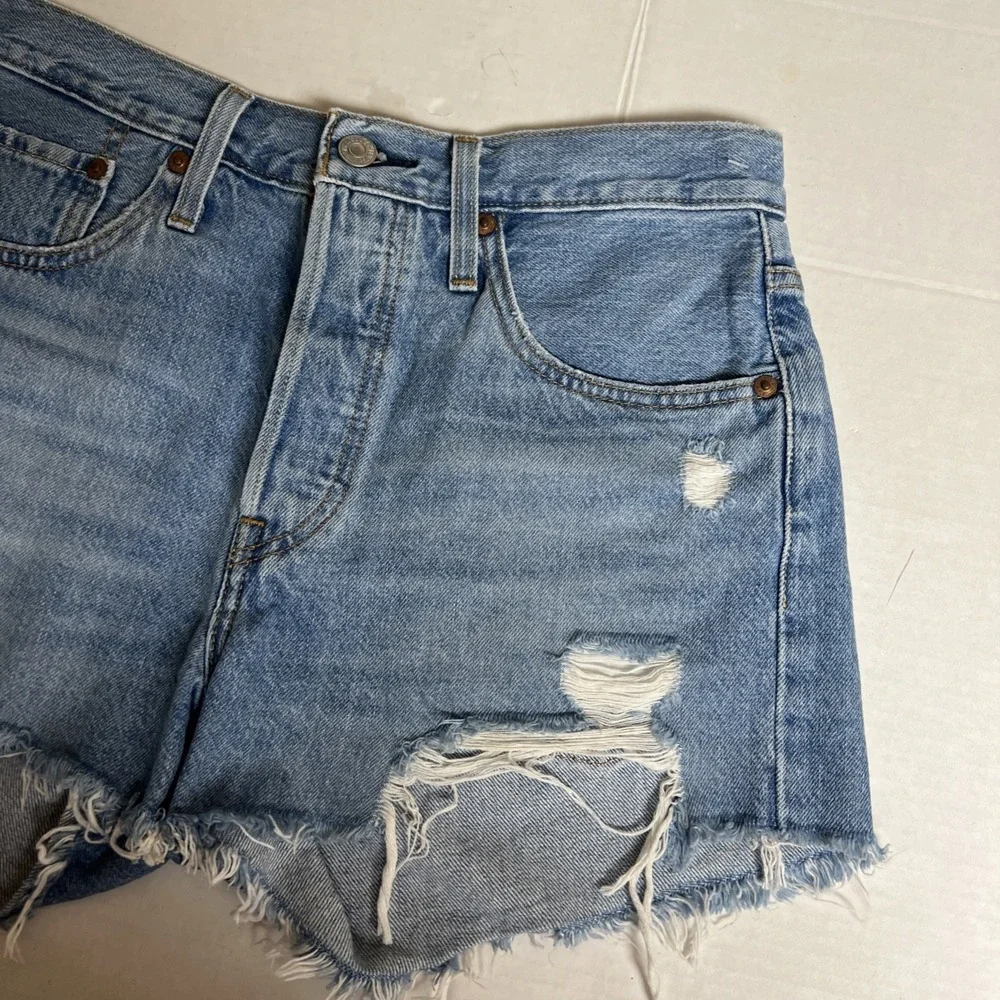 Levis 501 Shorts Womens 27 Blue Button Fly Cut Off Denim High Rise Distressed